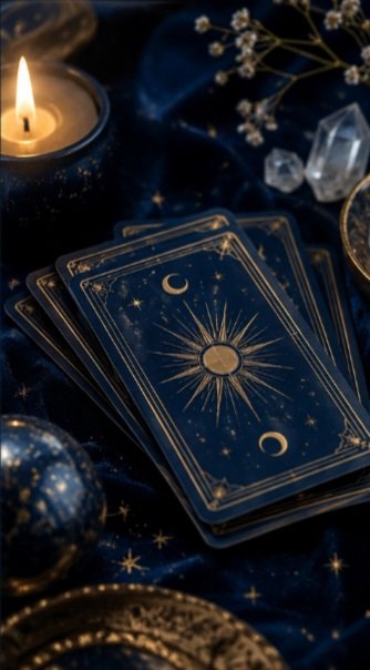 Tarot cards surrounded by candlelight and crystals
