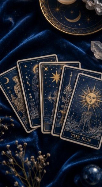 A glowing tarot card in a celestial blue setting