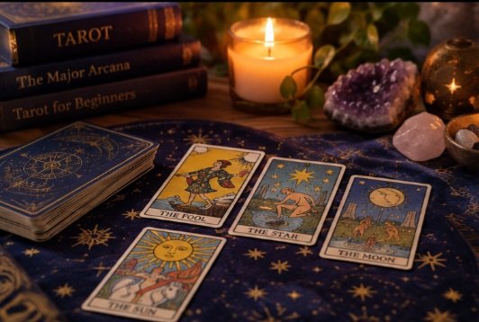 Tarot cards surrounded by candlelight