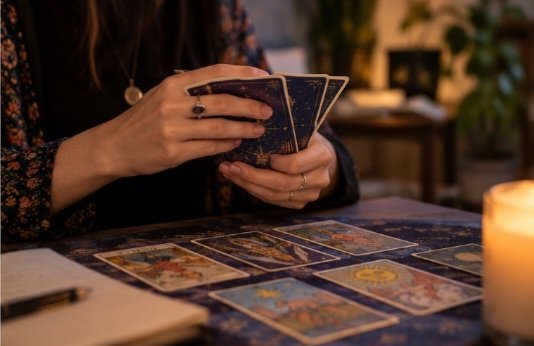 Tarot cards arranged on deep blue velvet