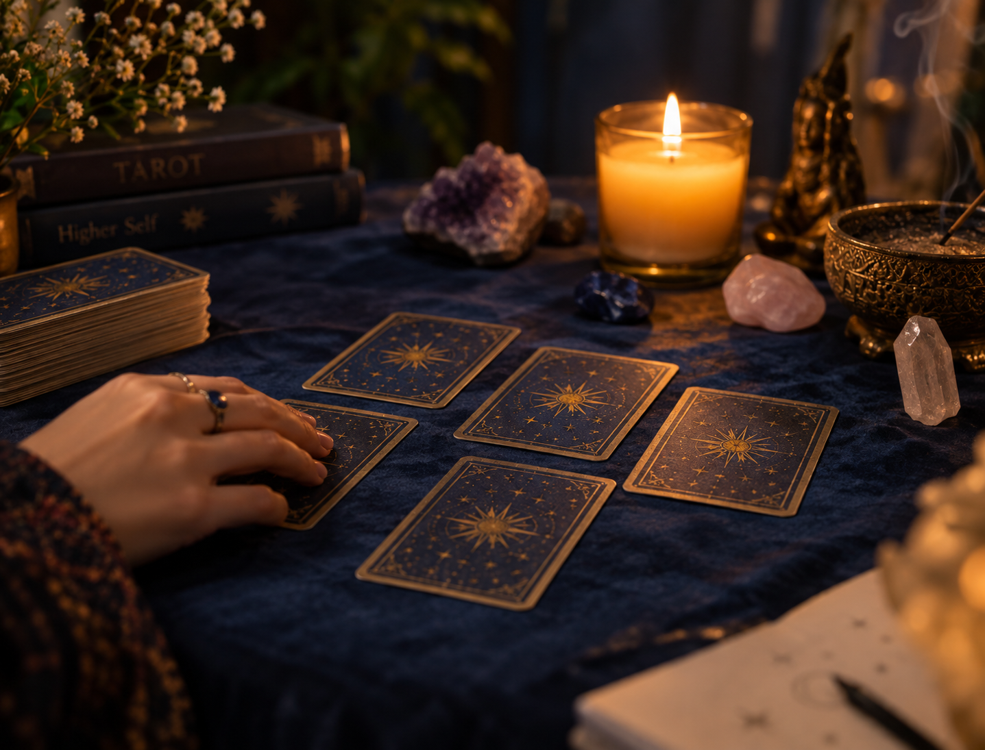 Tarot cards arranged on deep blue velvet